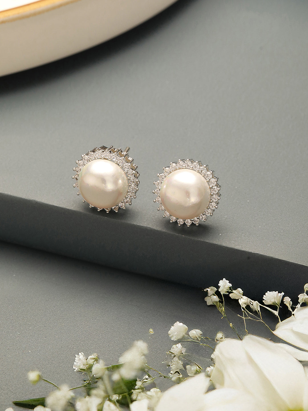 White Rhodium AD & Pearl Studded  Classic Minimal Solitaire Studds Earrings